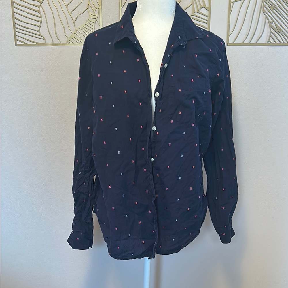 Navy Blue Button-Up Shirt with Pink Accents